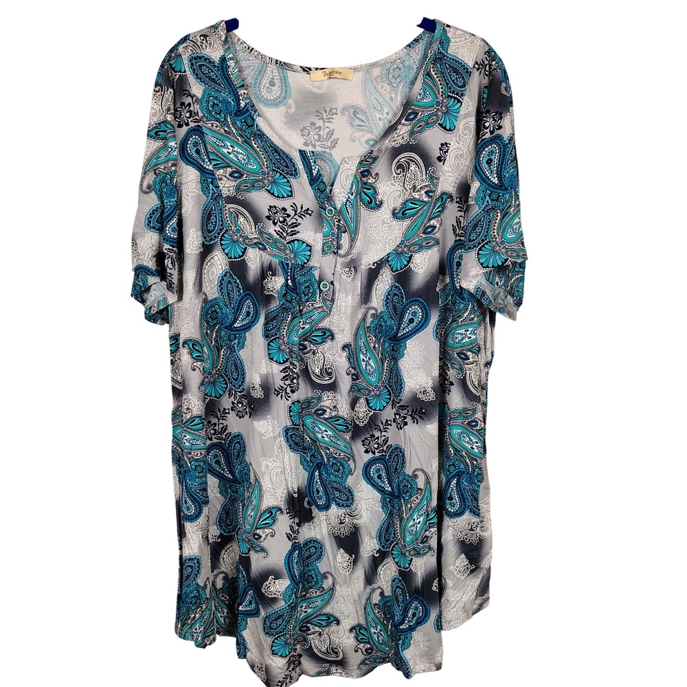 Bebonnie Womens XXXL Paisley Henley Tunic Top Teal Rayon Boho Peasant